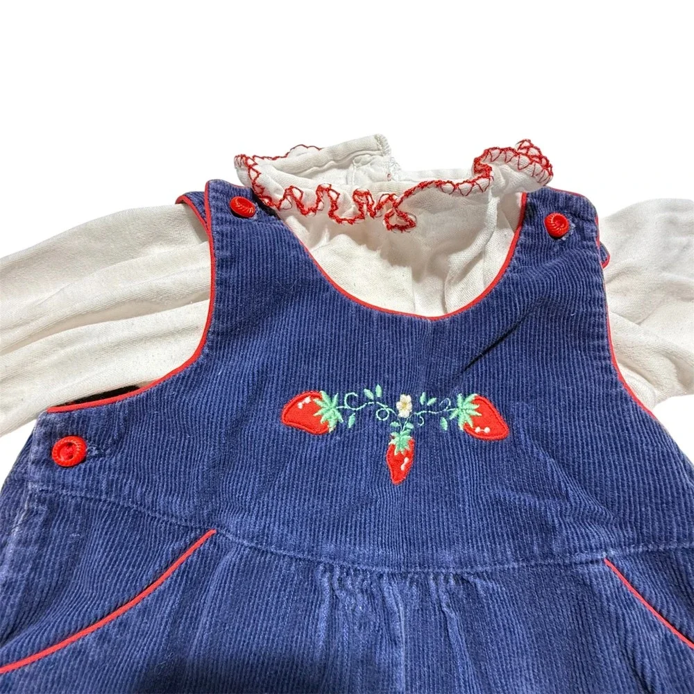 Vintage 70s/80s Baby Togs Navy Corduroy Strawberry Overalls Set 6-9 Months